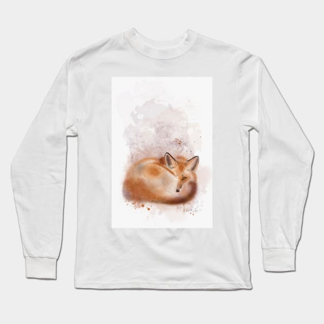 sleepy fox watercolor painting Long Sleeve T-Shirt by RenattaZare